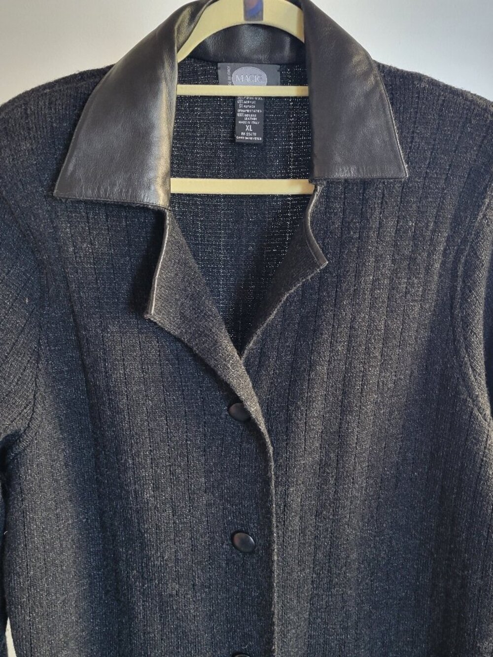 CLEARANCE - Magic Black Tweed Sweater Coat w/ Leather Trim Collar (Size XL) - Picture 5 of 15